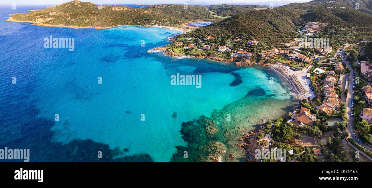 Sardegna (Sardinia) island aerial drone view of best beaches. Pevero beach near Porto Cervo in emerald coast (Costa Smeralda), Italy Stock Photo