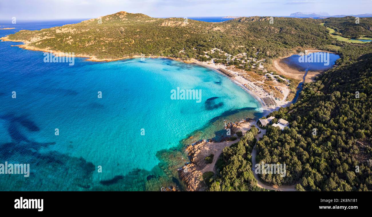 Sardegna (Sardinia) island aerial drone view of best beaches. Grande Pevero beach near Porto Cervo in emerald coast (Costa Smeralda), Italy Stock Photo