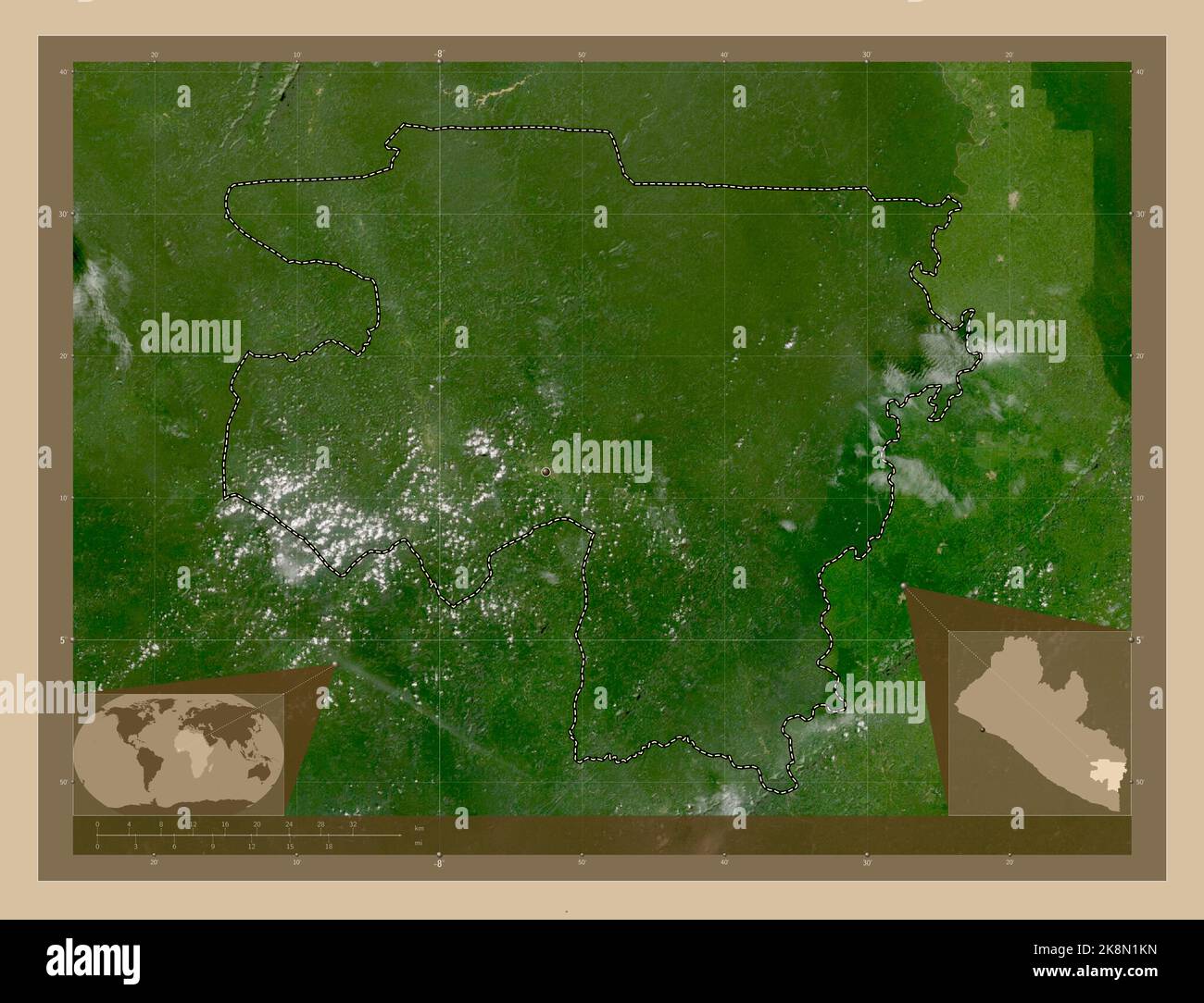 River Gee, county of Liberia. Low resolution satellite map. Locations