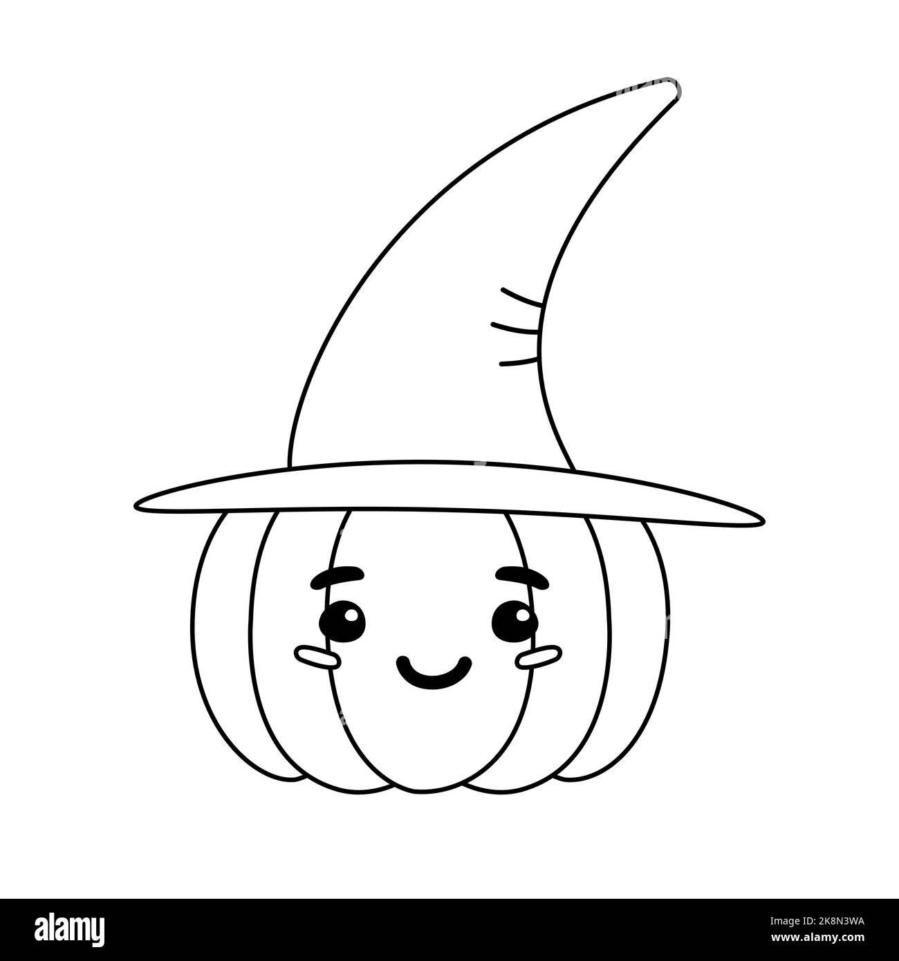Vector flat outline Halloween pumpkin with face and witch hat isolated ...