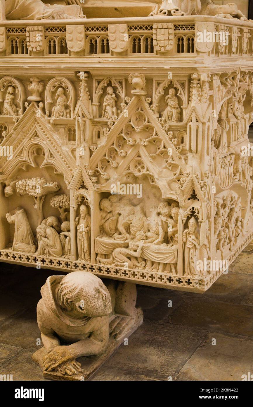 Portugal, Alcobaca, Monastery, Mosteiro de Santa Maria, Tomb of Ines de Castro, Stock Photo