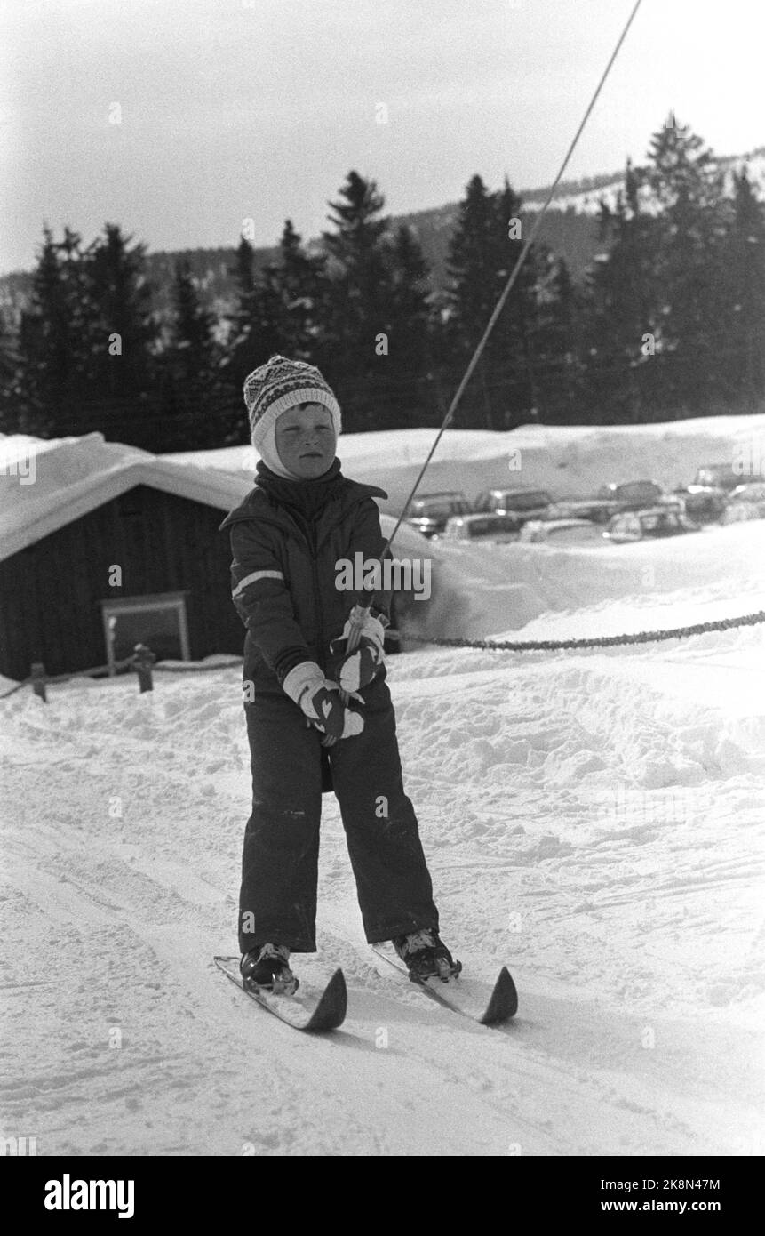 Gausdal March 1977. The Crown Prince family has winter holidays. Princess Märtha Louise in the ski lift. Photo: Svein Hammerstad / NTB / NTB Stock Photo