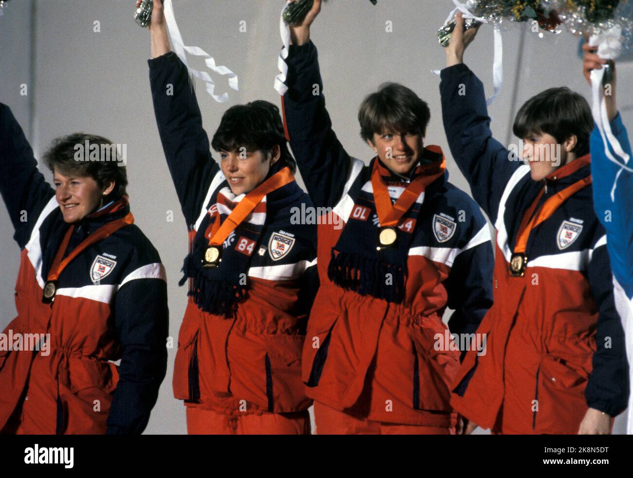 Sarajevo, Yugoslavia 1984-02. The Olympic Winter Games 1984. The picture: cross country. 4x5km relay, women, February 15, 1984. The Norwegian team wins a superior victory. Join the Norwegian winning team: Inger Helene Nybråten, Brit Pettersen, Anne Jahren and Berit Aunli. Prize giving / gold medals. Photo: Hans Due / NTB Stock Photo