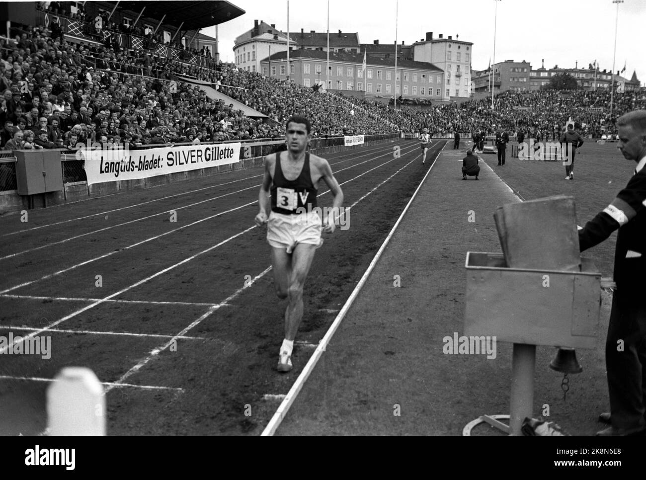 Oslo 19650714. Athletics: Australian Ron Clarke on his way to beating his own world record of 10,000 meters at Bislett Stadium. Clarke in action, for full stands at Bislett. The new record was 27.39.4. Photo: Storløkken / Current / NTB Stock Photo
