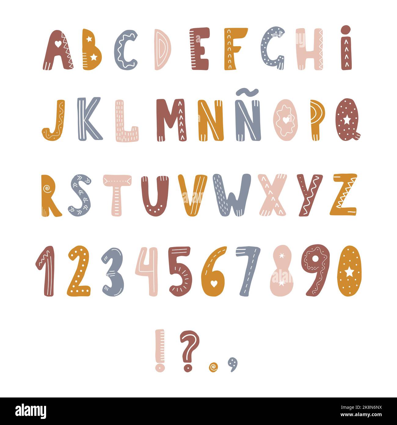 Hand drawn spanish alphabet in boho style. Cute childish letters and