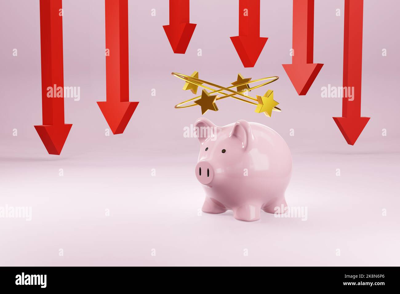 Faint piggy bank hit by a lot of red down arrows and numerous stars above its head on pink background. Recession, economic downturn,  stagflation Stock Photo