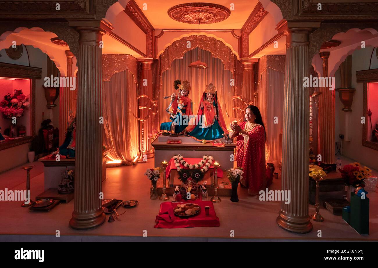 Hindu devotee Shilpa Shah prays at the Veda Mandir Hindu temple in