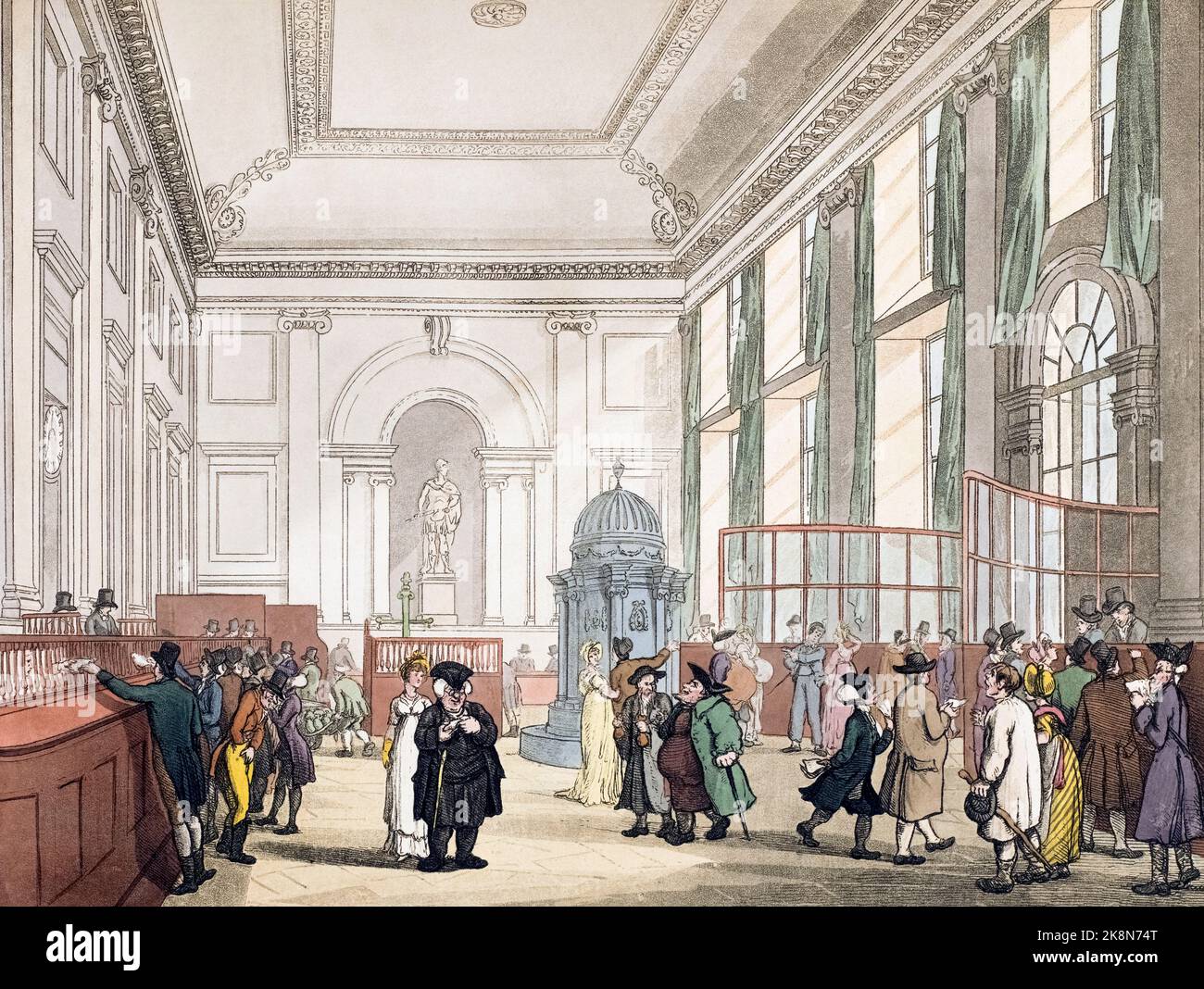 The Great Hall, Bank of England.  Circa 1808.  After a work by August Pugin and Thomas Rowlandson in the Microcosm of London, published in three volumes between 1808 and 1810 by Rudolph Ackermann.   Pugin was the artist responsible for the architectural elements in the Microcosm pictures; Thomas Rowlandson was hired to add the lively human figures. Stock Photo