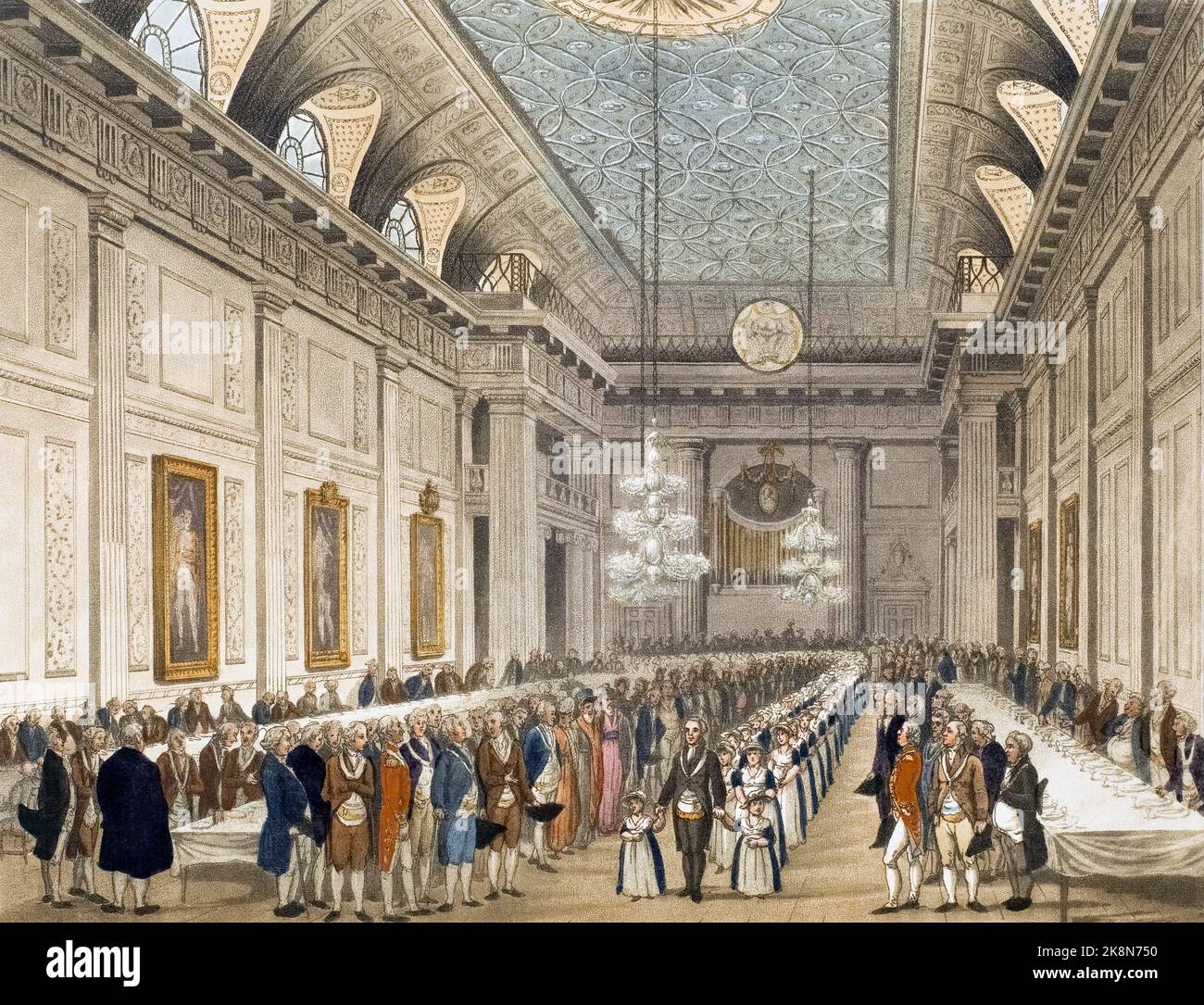 Freemasons' Hall, Great Queen Street.  Circa 1808.  After a work by August Pugin and Thomas Rowlandson in the Microcosm of London, published in three volumes between 1808 and 1810 by Rudolph Ackermann.   Pugin was the artist responsible for the architectural elements in the Microcosm pictures; Thomas Rowlandson was hired to add the lively human figures. Stock Photo