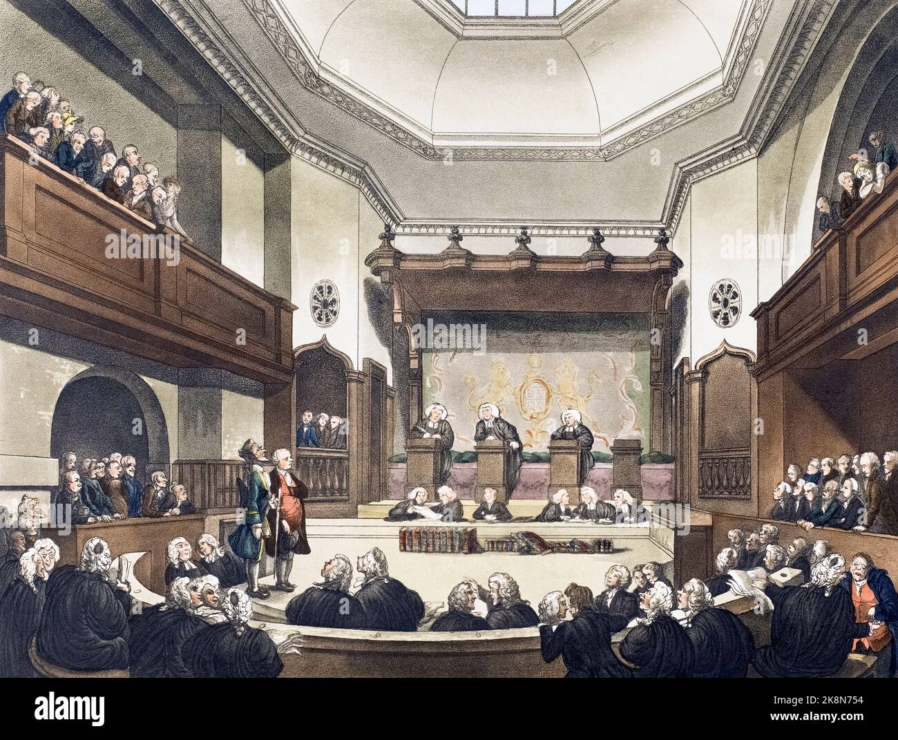 Court of Common Pleas, Westminster Hall.  Circa 1808.  After a work by August Pugin and Thomas Rowlandson in the Microcosm of London, published in three volumes between 1808 and 1810 by Rudolph Ackermann.   Pugin was the artist responsible for the architectural elements in the Microcosm pictures; Thomas Rowlandson was hired to add the lively human figures. Stock Photo