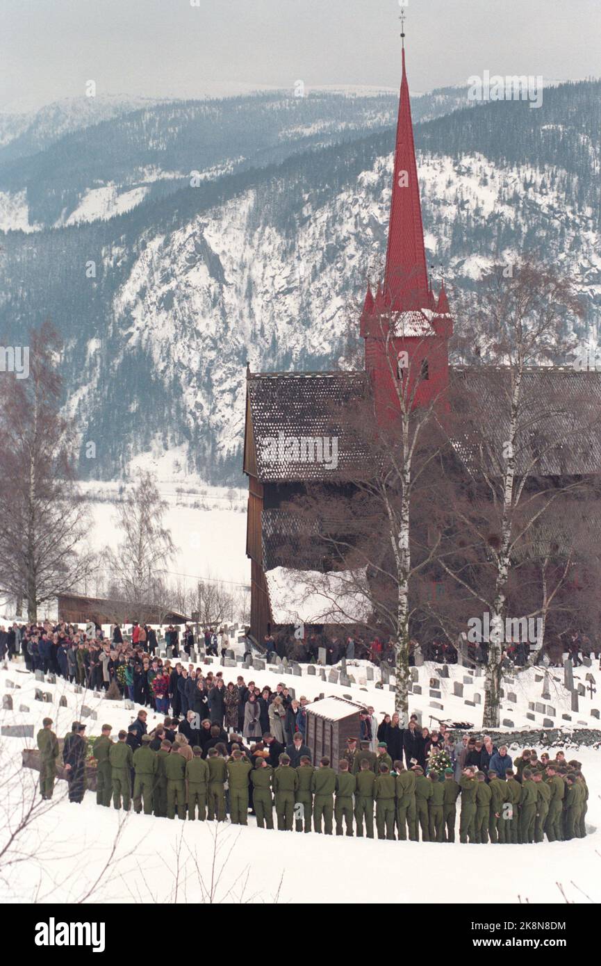 Ringebu 19950308. Two conscripted soldiers shot on duty in the Heistamoen military camp. One is found dead and one person is severely injured after the shooting in the camp. Here is from the funeral of Terje Gråberg who was the soldier who was shot. Photo: Gorm Kallestad NTB / NTB Stock Photo