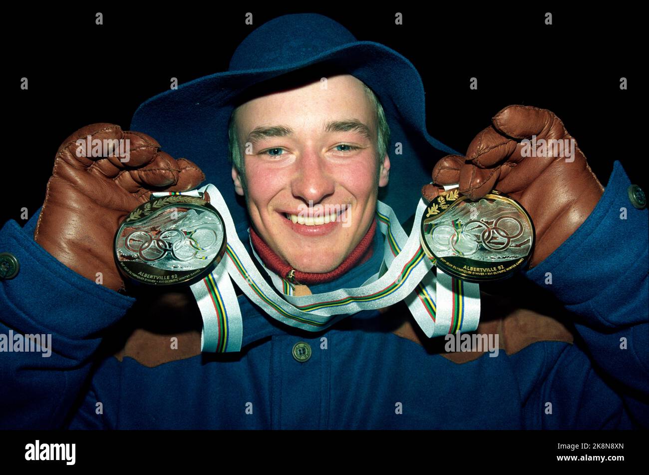 Val d'iser France 19920218 Olympic-92 Albertville, alpine, grand slam. Bronze for Kjetil André Aamodt. Here is a happy Aamodt with both of his Olympic medals, gold in super G and bronze in big slalom. Photo: Calle Törnström / NTB / NTB Stock Photo