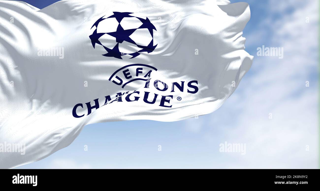 Istanbul TUR, July 2022: The UEFA Champions league flag waving on a clear day. Champion League is the most prestigious club competition in European fo Stock Photo