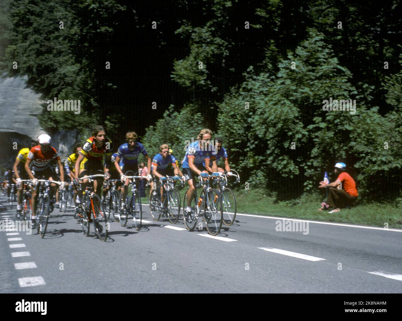 Switzerland 198206 Cyclist Jostein Wilmann (No. 20) participates in the Tour de Suisse for professional cyclists. His team is called Capri-Sonne. Stock Photo