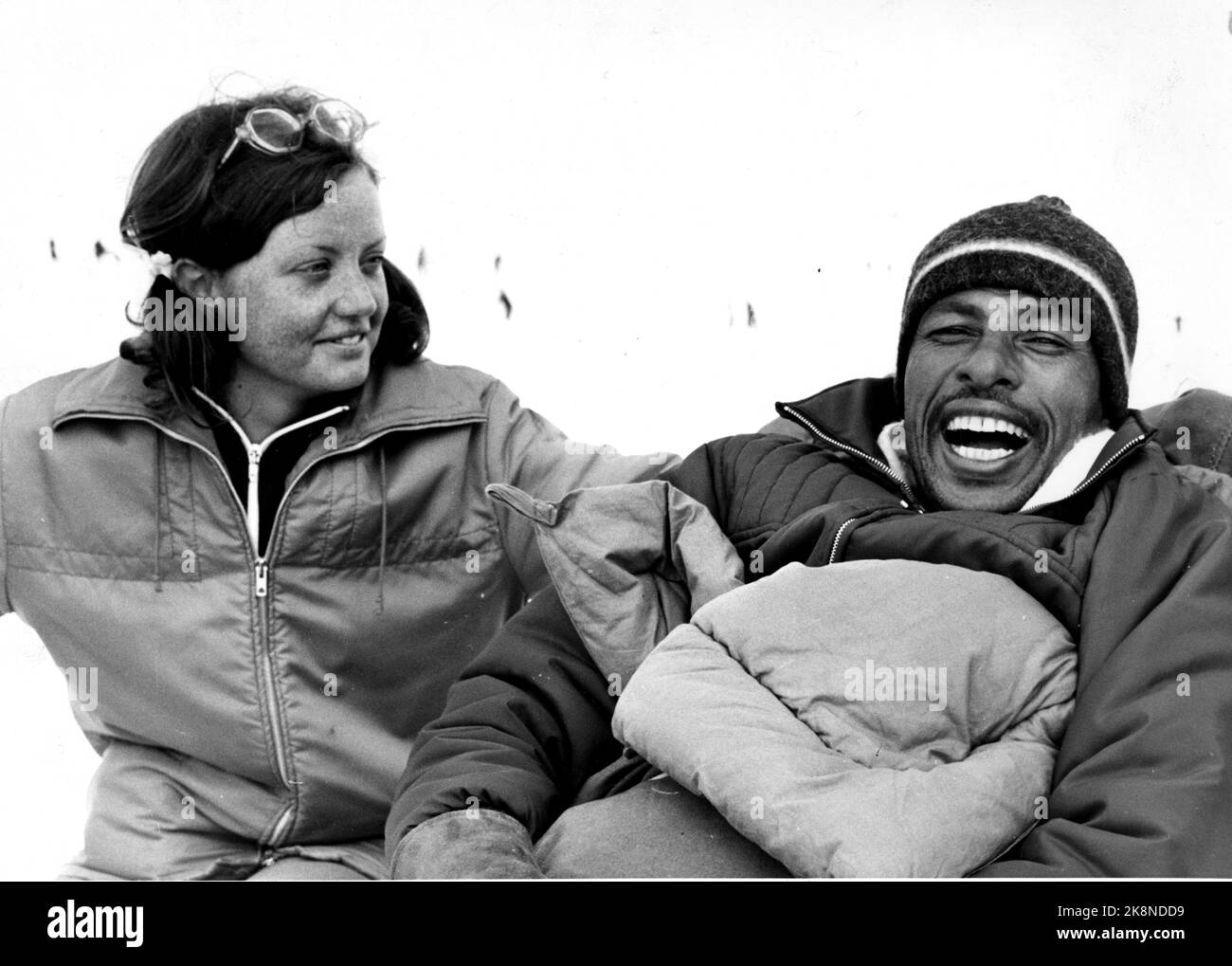 Beitostølen 1971 Abebe Bikila from Ethiopia, twice Olympic champion in the marathon, visits Beitostølen after an invitation from Erling Stordahl. He became paralyzed after a car accident three years ago. Here he is with the interpreter, Gunilla Forsmark. Photo: Ivar Aaserud / Current / NTB Stock Photo