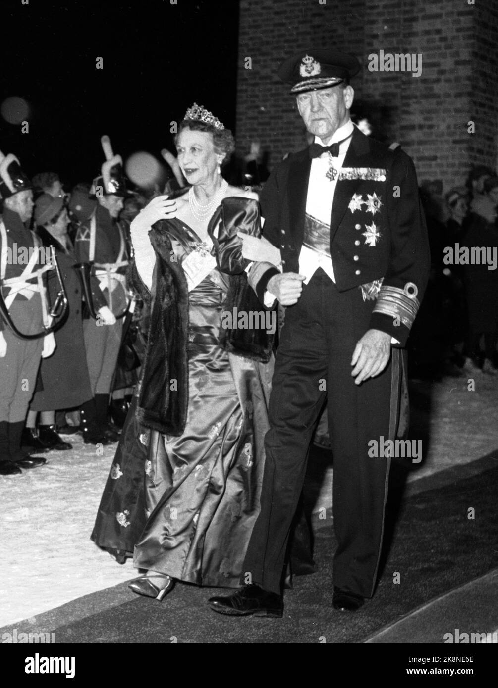 Asker 19610112. Princess Astrid's wedding. The guests leave the church. Here Princess Margaretha of Denmark, who is the aunt of the bride. She is accompanied by her husband, Prince Axel by Denmark. Margaretha wearing diadem / tiara. (Princess Margaretha was at her birth princess both by Sweden and Norway. Later she became a princess of Sweden, and after she got married: Princess of Denmark.) Photo: NTB / NTB Stock Photo