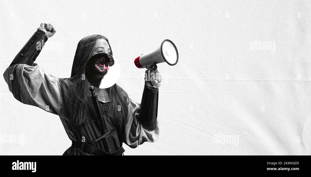 Surreal artwork with female medieval warrior with part of cat's face shouting at megaphone over white background crumpled paper effect. Contemporary Stock Photo