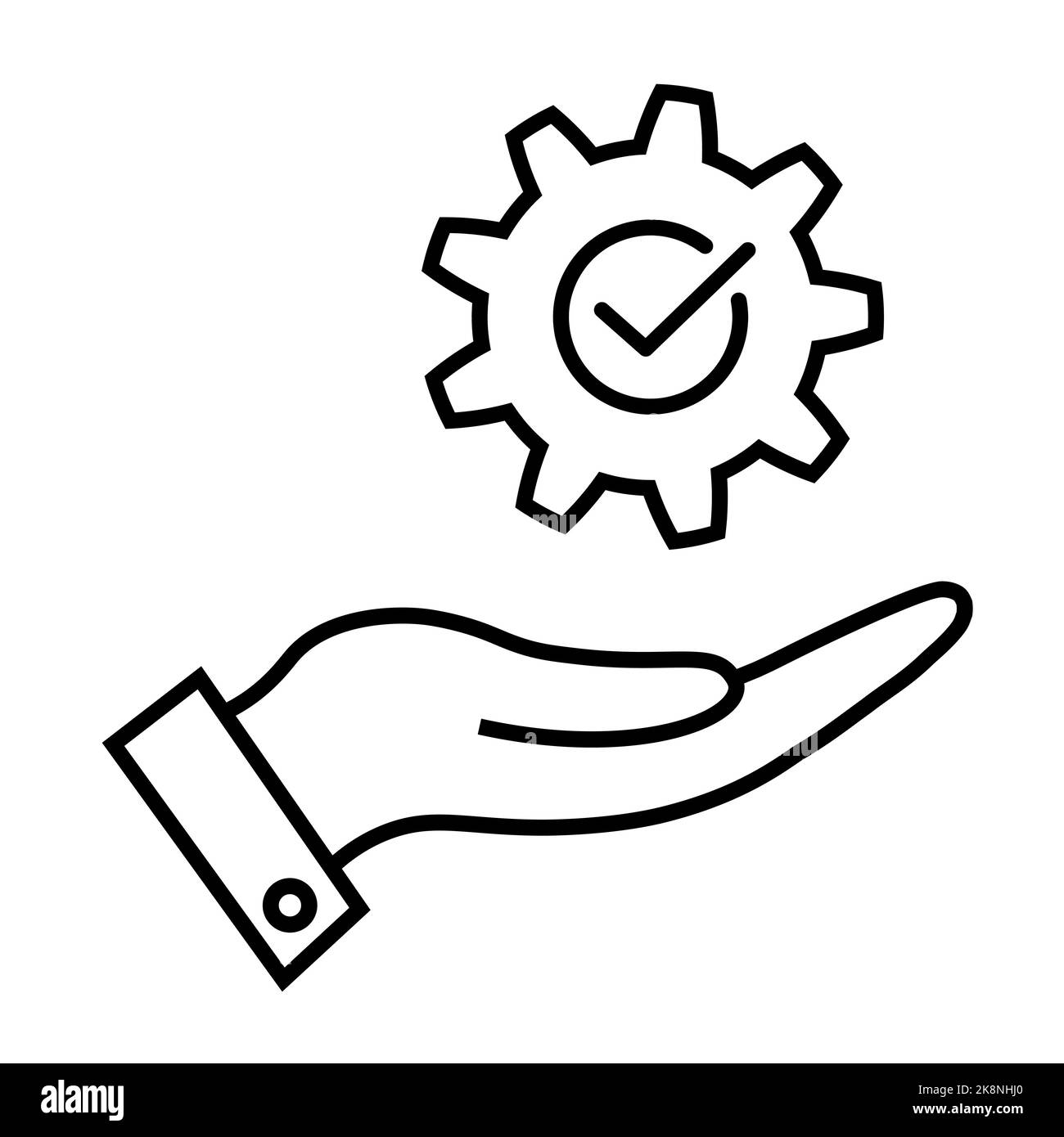 Cog with check mark on hand line icon in flat. Successful process symbol on white. Success sign with cog on hand. Execution, progress, development ico Stock Vector