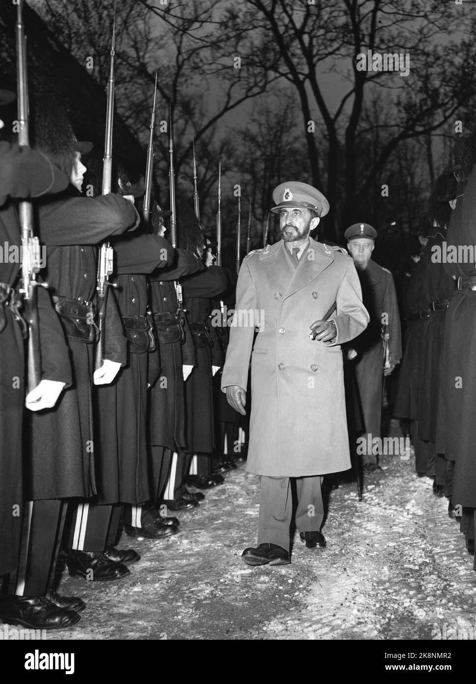 Oslo 1954118 Emperor Haile Selassie I of Ethiopia on official visit to Norway. Here the Ethiopian emperor inspecting troops at Akershus. Photo: NTB / NTB Stock Photo