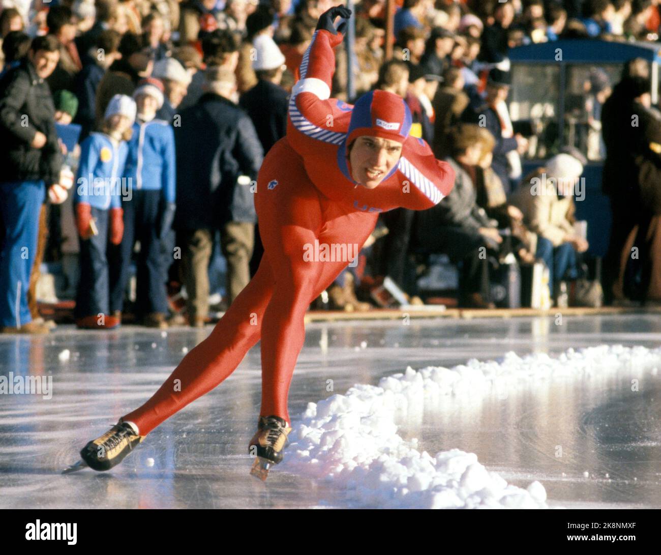 Oslo 197902: The skating World Cup, Bislett. Eric Heiden becomes world champion. Takes five track records, five championship records, three personal records and a new world record. Eric Heiden (USA) in action at Bislet Stadium on February 10, 1979. Photo: Henrik Laurvik / NTB Stock Photo