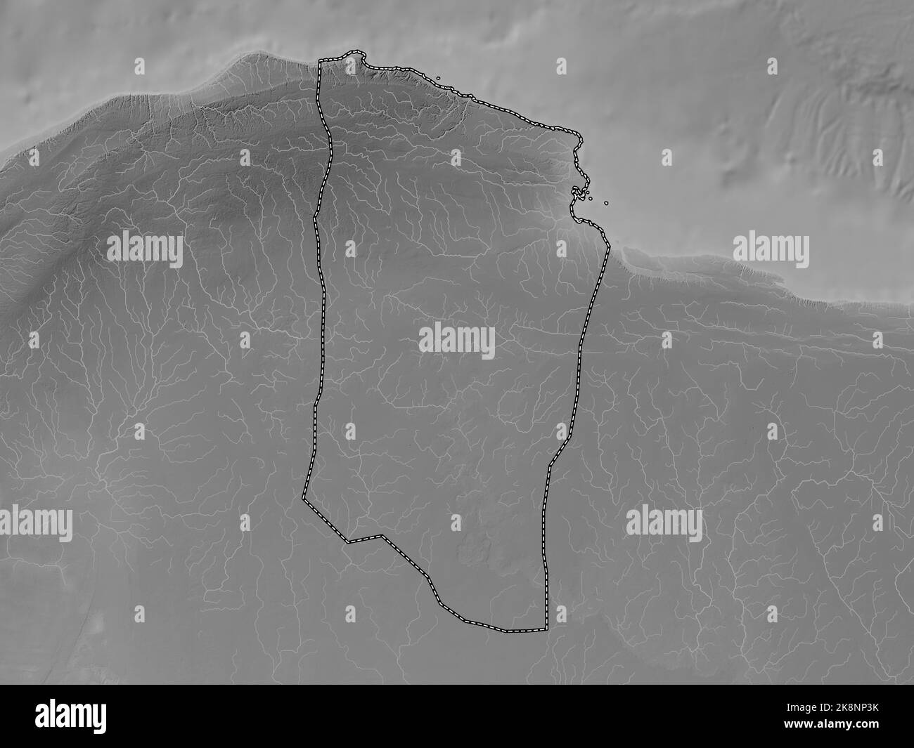 Darnah, district of Libya. Grayscale elevation map with lakes and ...
