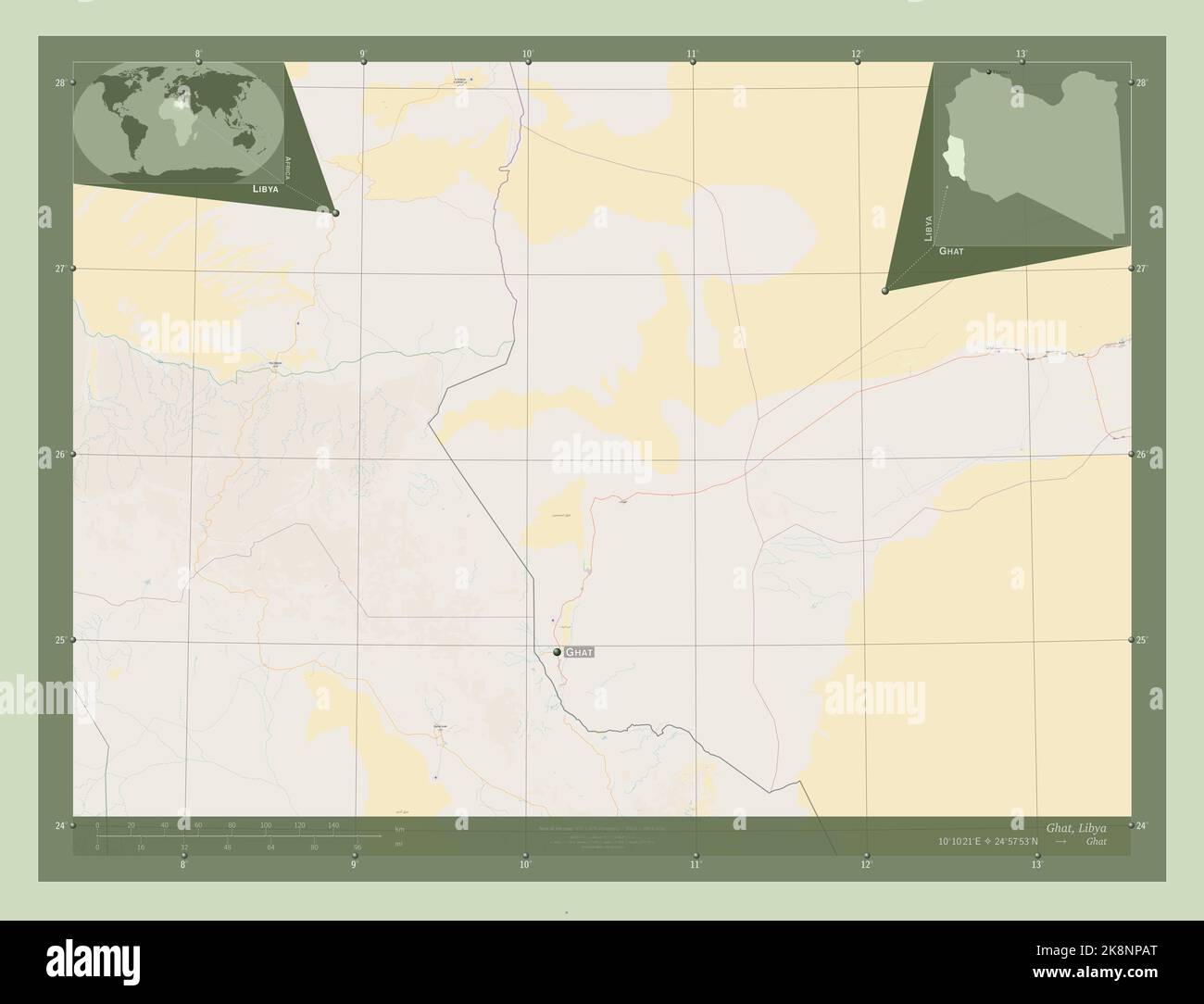 Ghat, district of Libya. Open Street Map. Locations and names of major ...