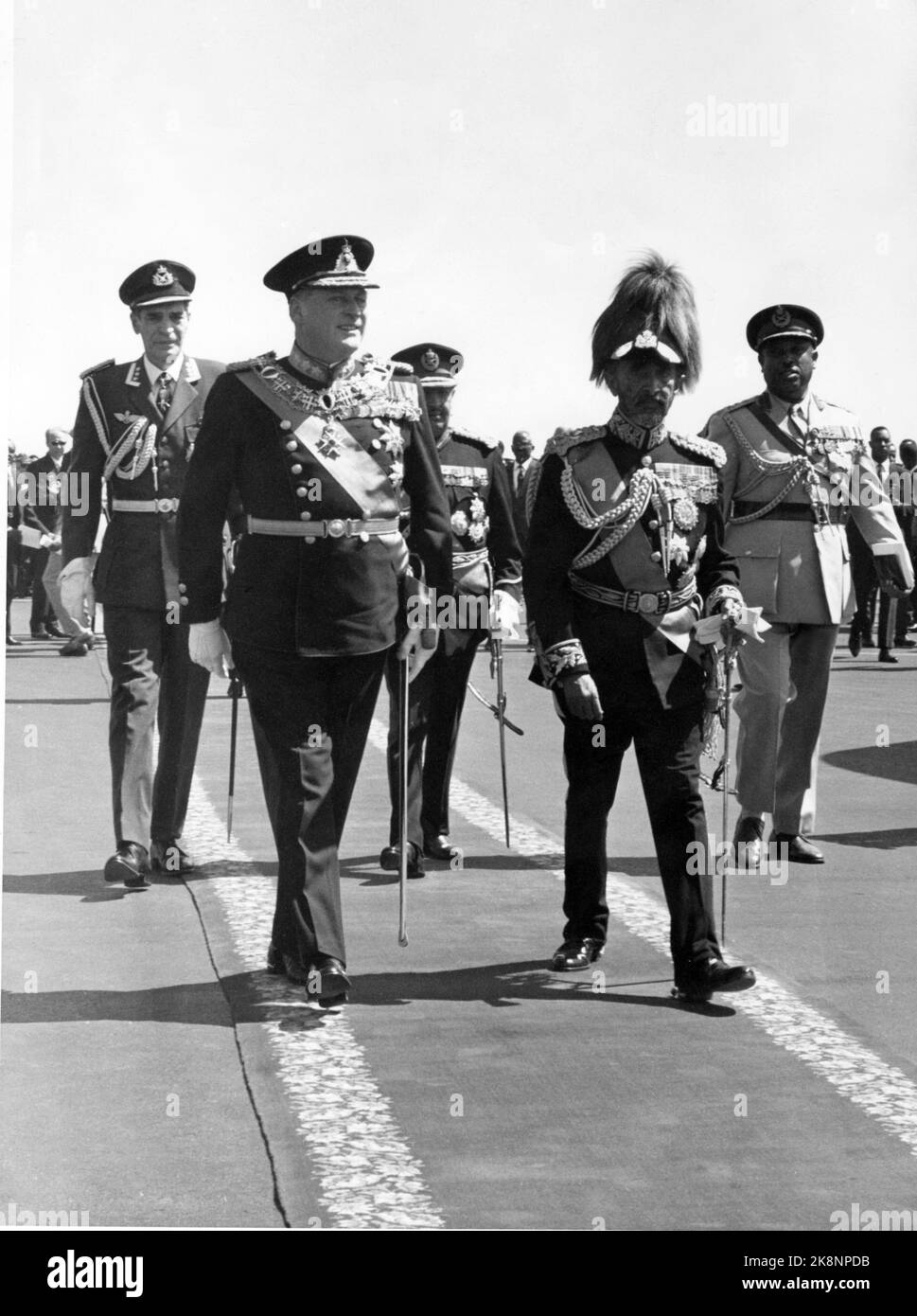 Ethiopia 1966. King Olav visits Ethiopia in January 1966. Here King Olav (TV) inspects troops with Emperor Haile Selassie. Photo: Henrik Laurvik / NTB. Stock Photo