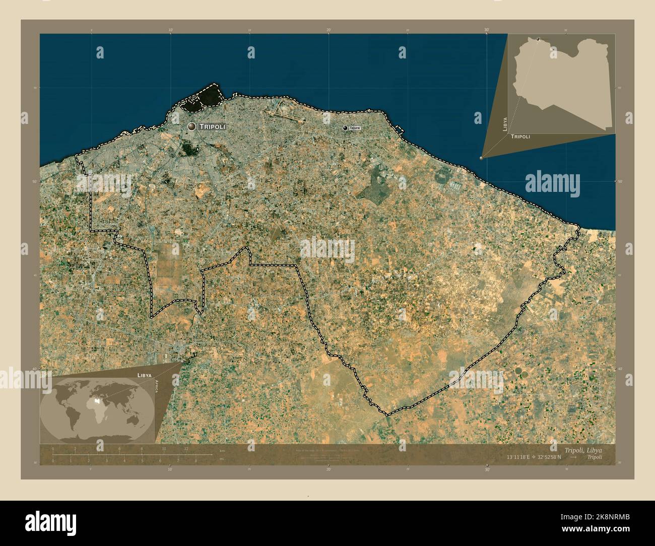 Tripoli, district of Libya. High resolution satellite map. Locations and names of major cities