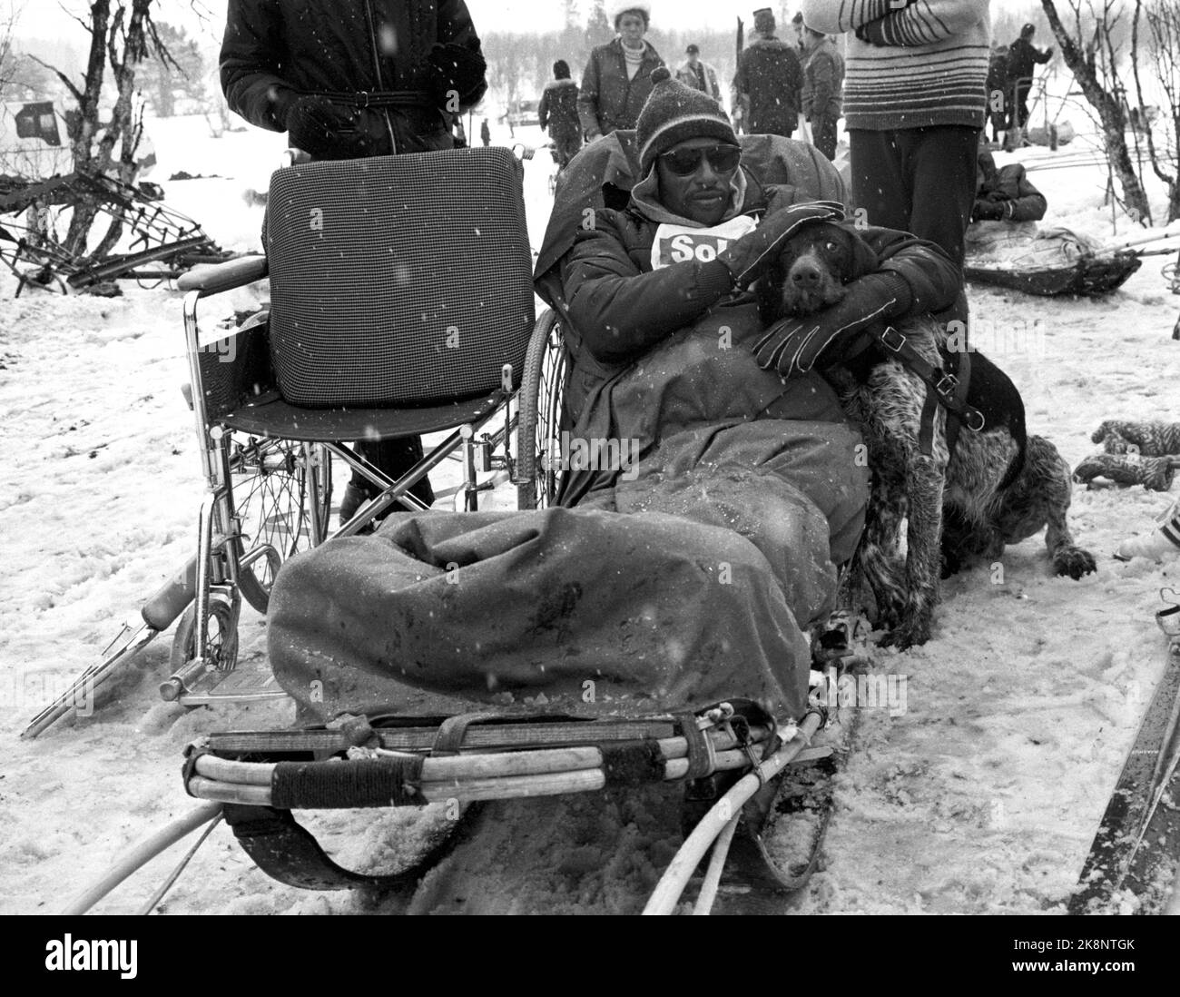 Beitostølen 1971 Abebe Bikila from Ethiopia, twice Olympic champion in the marathon, visits Beitostølen after an invitation from Erling Stordahl. He became paralyzed after a car accident three years ago. He won his class in wooden teams in dog sledding. Photo: Ivar Aaserud / Current / NTB Stock Photo