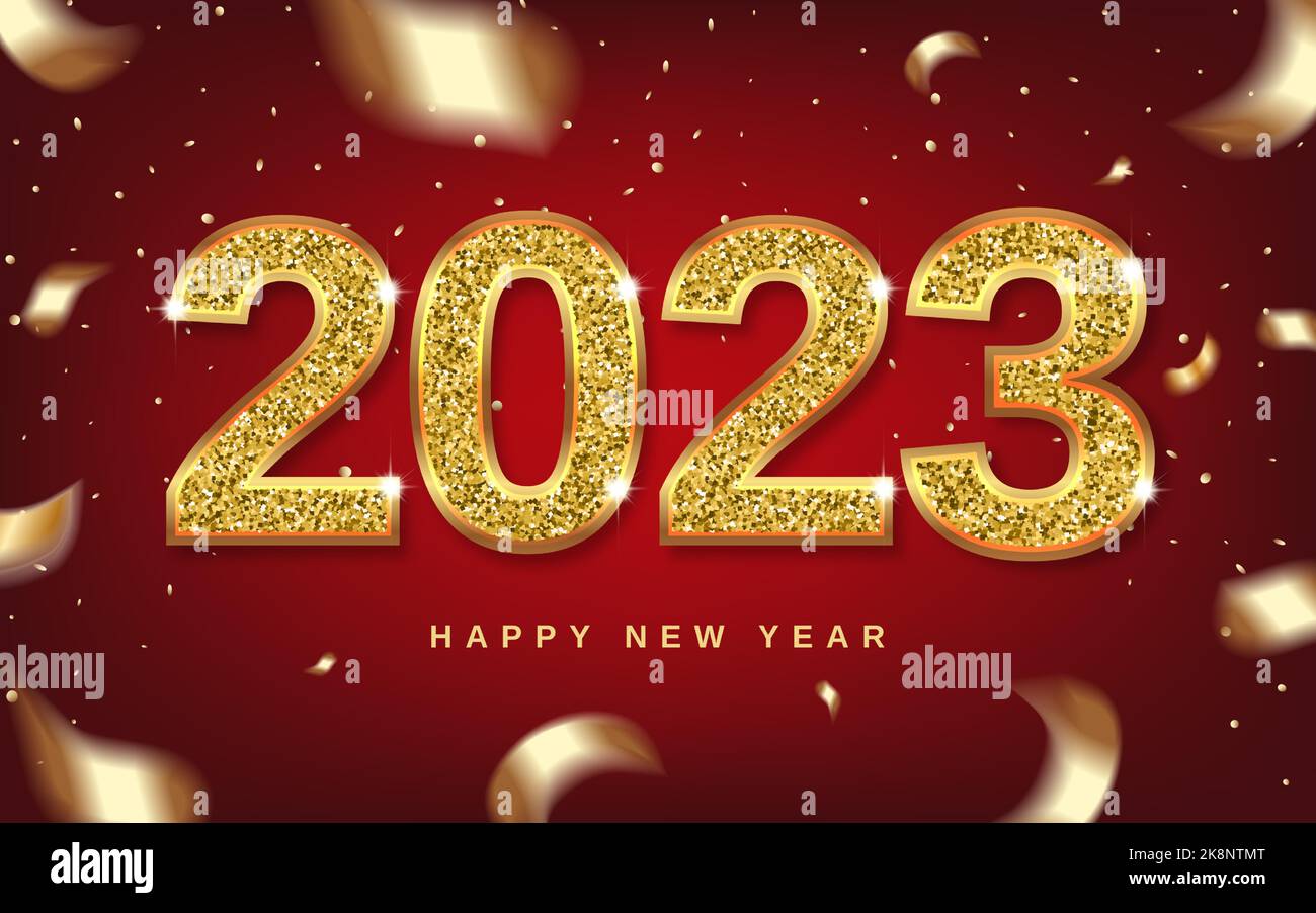 Christmas 2023 numbers sparkle with gold, ribbons and swirling confetti