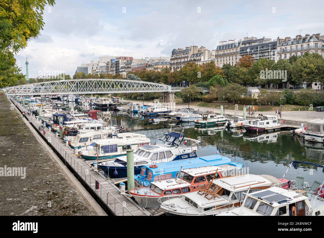 Boats Moored in Bassin de l'Arsenal on the Canal Saint Martin, Paris, France Stock Photo