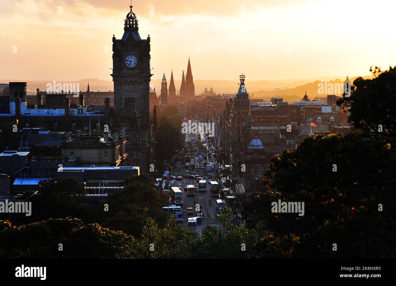 An aerial view of a sunset sky over the skyline of Edinburgh, Scotland