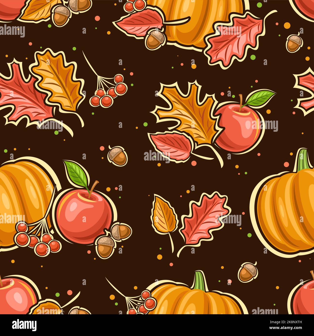 Vector Thanksgiving Day seamless pattern, square repeating background with illustrations of different autumn still life compositions on dark backgroun Stock Vector