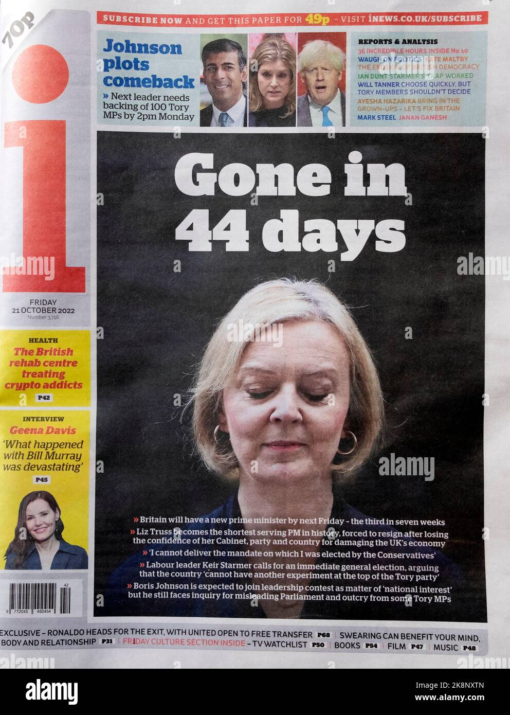 Female woman British Prime Minister PM Liz Truss 'Gone in 44 days' i newspaper front page 21 October 2022 London England Great Britain UK Stock Photo