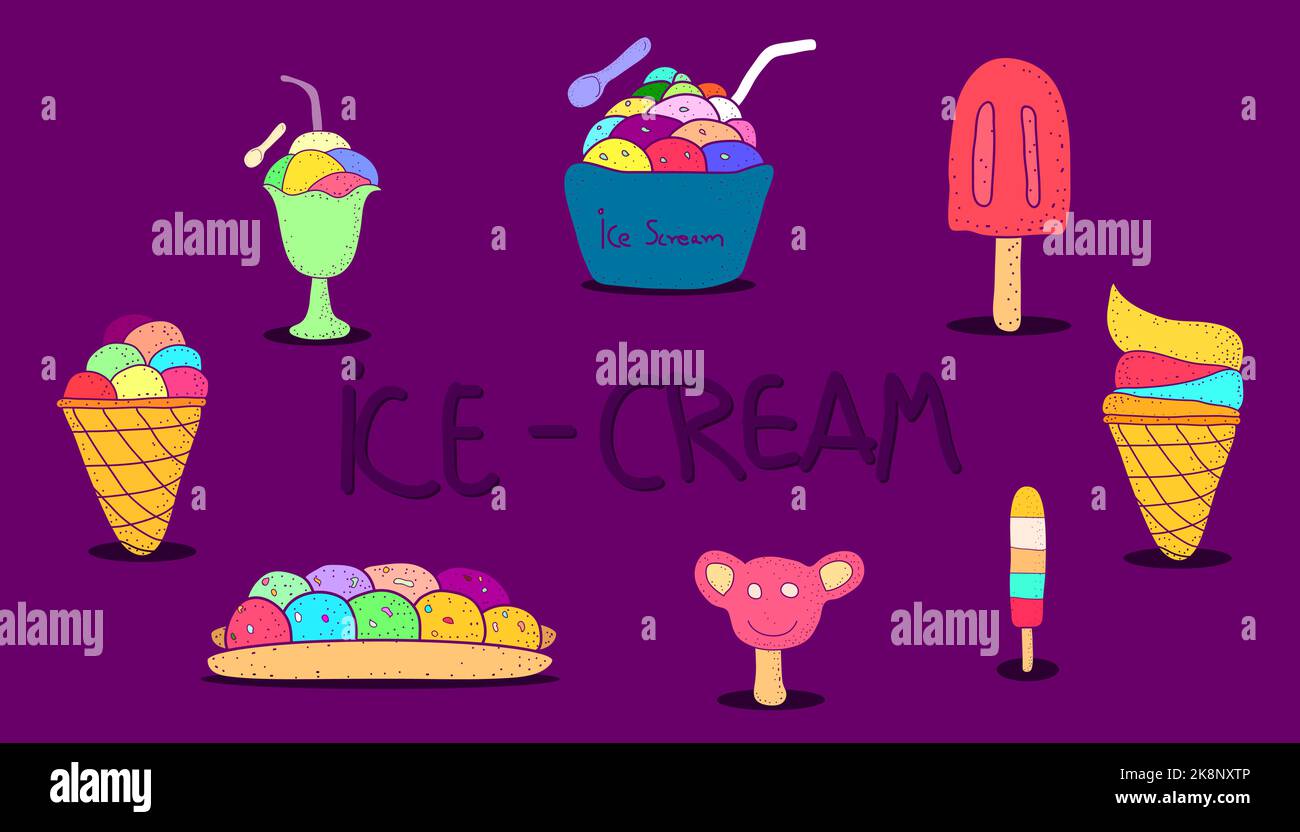 A vector illustration of different types of icecream on a purple