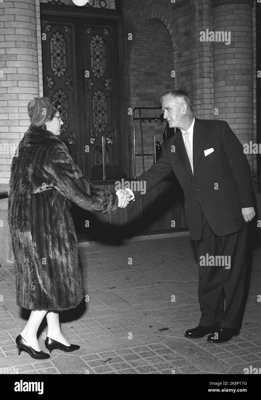 Oslo 19600221. Princess Astrid visits the Storting and is shown around by Storting President Nils Langhelle. Here Princess Astrid in the mink coat who greets parliamentary president Nils Langhelle. Photo: NTB Archive / NTB Stock Photo