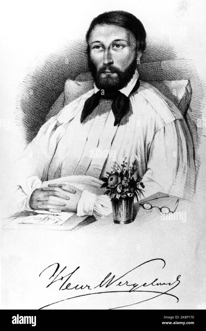 Henrik Wergeland 1808-1845. Norwegian poet and author. Drawing on sick leave? Wergeland died of tuberculosis. Wergeland's signature under the picture. Photo: NTB archive / NTB Stock Photo