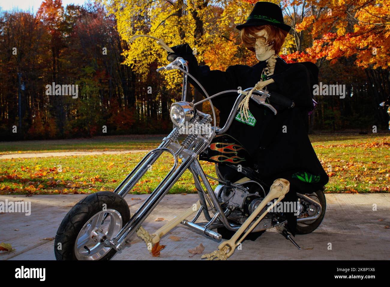 Male skeleton biker sitting on a motorcycle during autumn Stock Photo