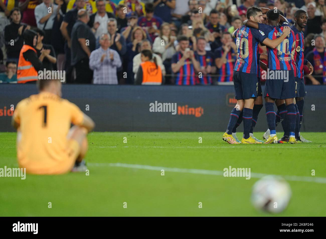 Barcelona, Spain. October 23, 2022, Unai Simon of Athletic Club  and FC Barcelona players celebrating the 4-0 scored by Ferran Torres during the La Liga match between FC Barcelona and Athletic Club played at Spotify Camp Nou Stadium on October 23, 2022 in Barcelona, Spain. (Photo by Bagu Blanco / PRESSIN) Stock Photo