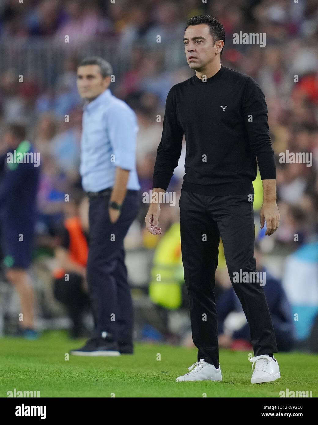 Barcelona, Spain. October 23, 2022, Athletic Club head coach Ernesto Valverde and FC Barcelona head coach Xavi Hernandez during the La Liga match between FC Barcelona and Athletic Club played at Spotify Camp Nou Stadium on October 23, 2022 in Barcelona, Spain. (Photo by Bagu Blanco / PRESSIN) Stock Photo