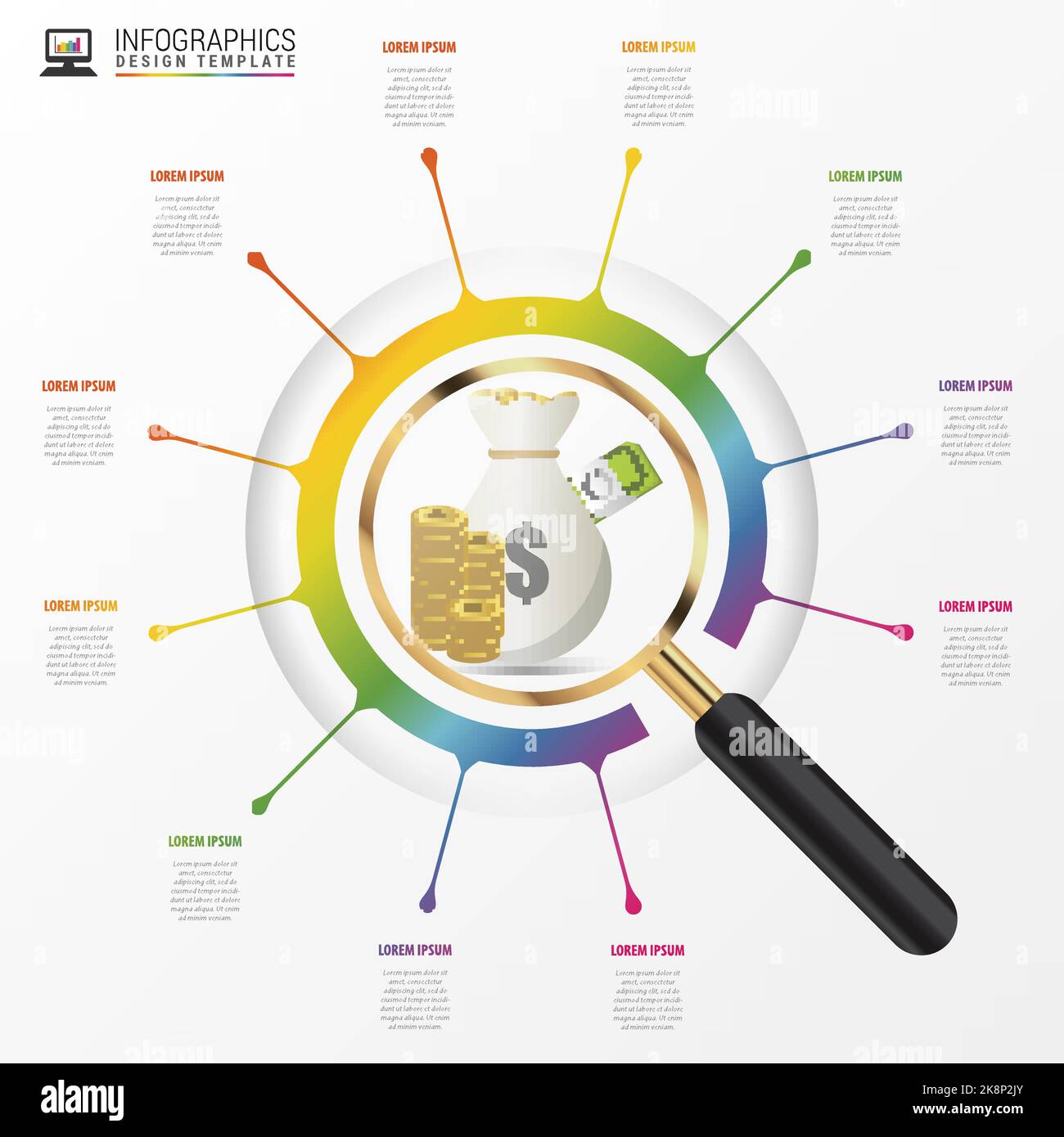 Investment analysis graphic design concept with magnifying glass. Vector illustration Stock Vector