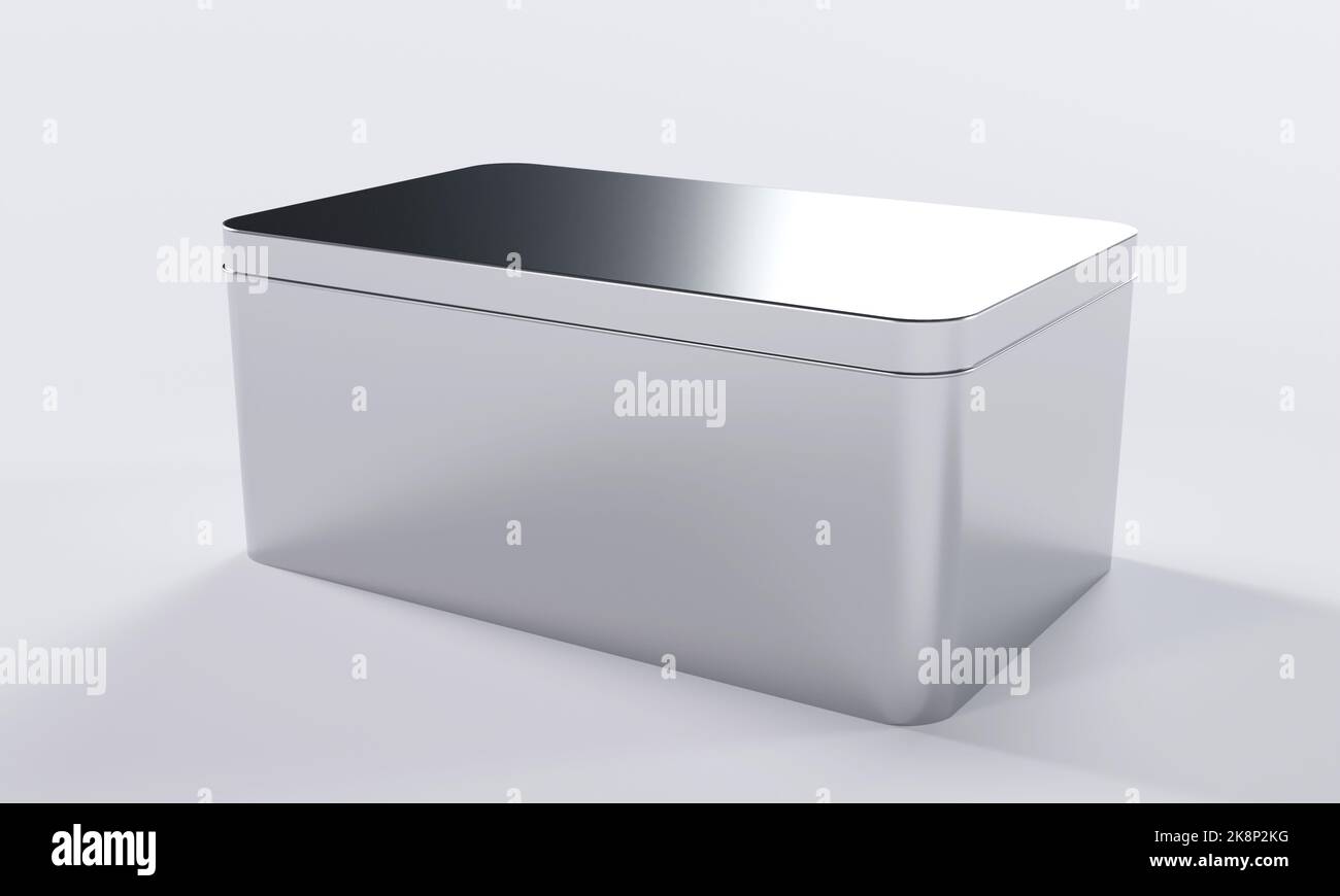 Tin box with lid isolated on white background. 3D Rendering Stock Photo