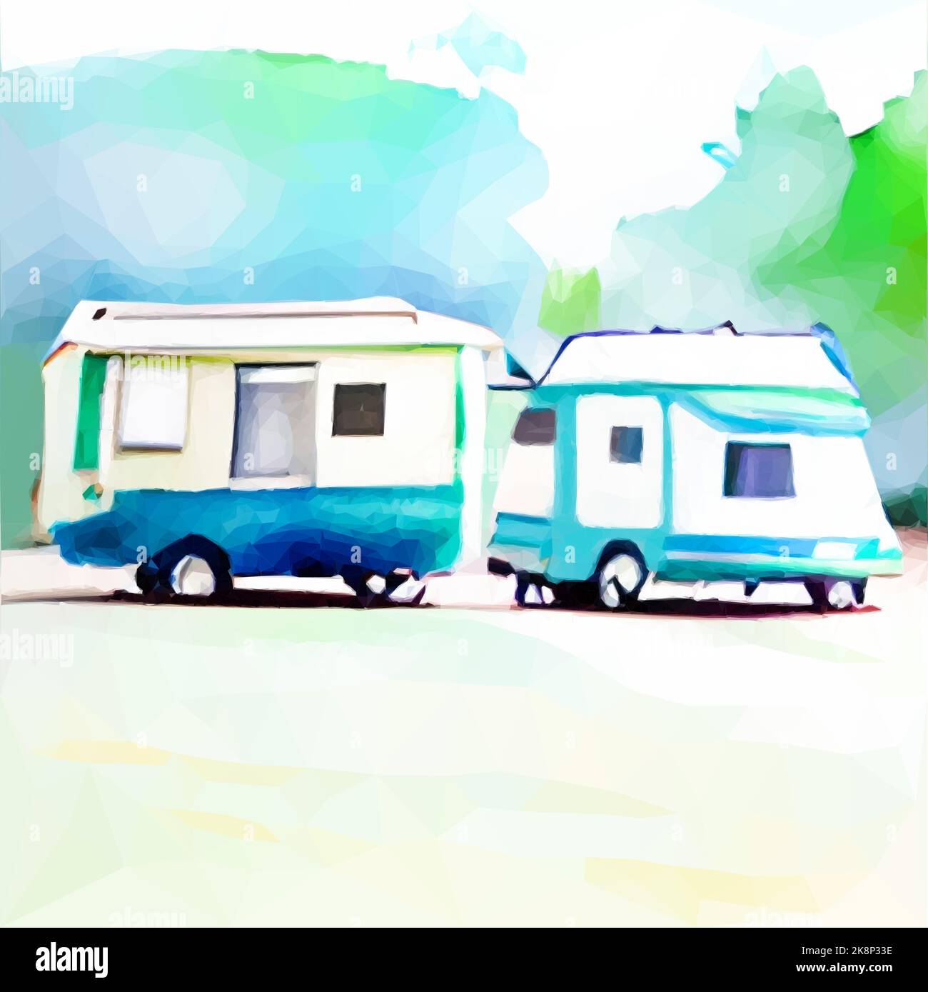 camping in the morning. Caravans made with watercolor. Copy Space. Vector in Low Poly Art. Stock Vector