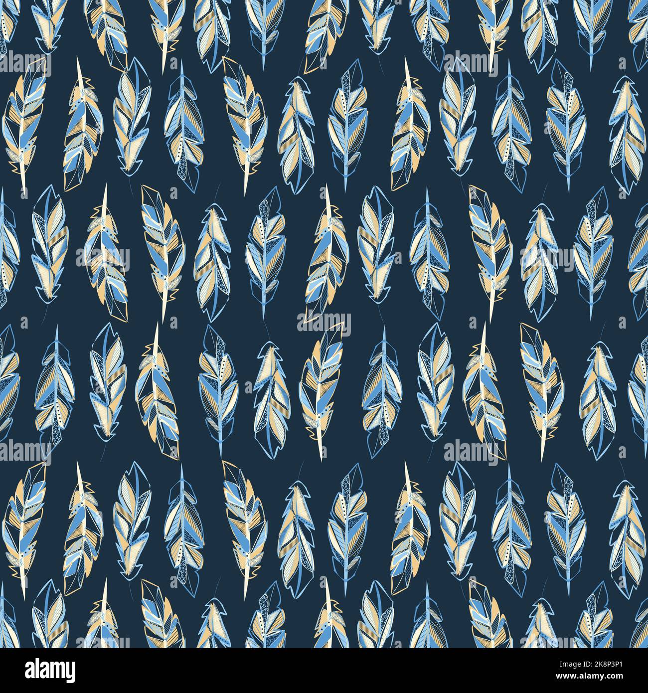 Abstract blue feathers seamless design pattern Stock Vector