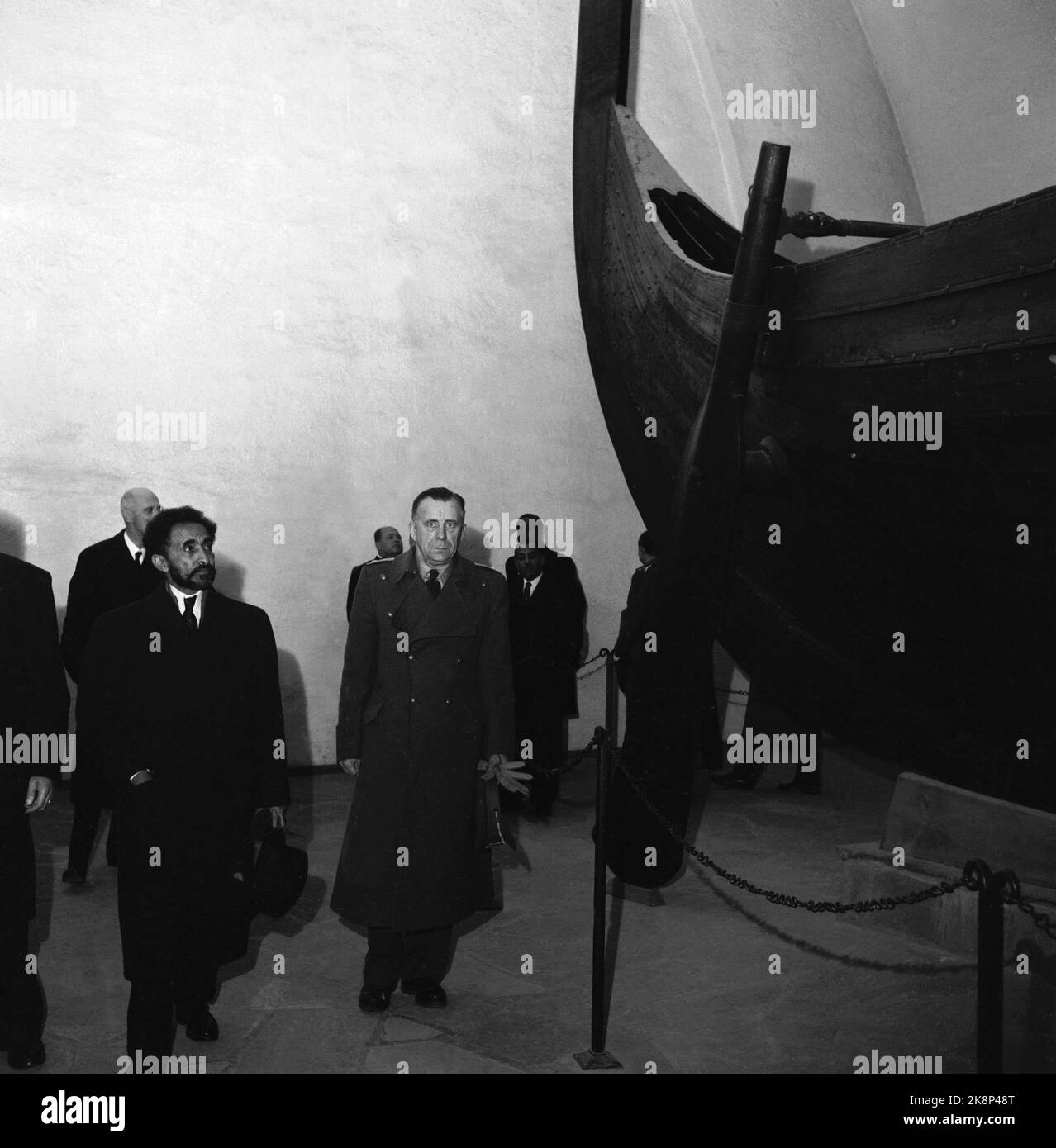 Oslo 1954119 Emperor Haile Selassie I of Ethiopia on official visit to Norway. Here the Ethiopian emperor (TV) on the tour of the Viking ships at Bygdøy. Photo: NTB / NTB Stock Photo