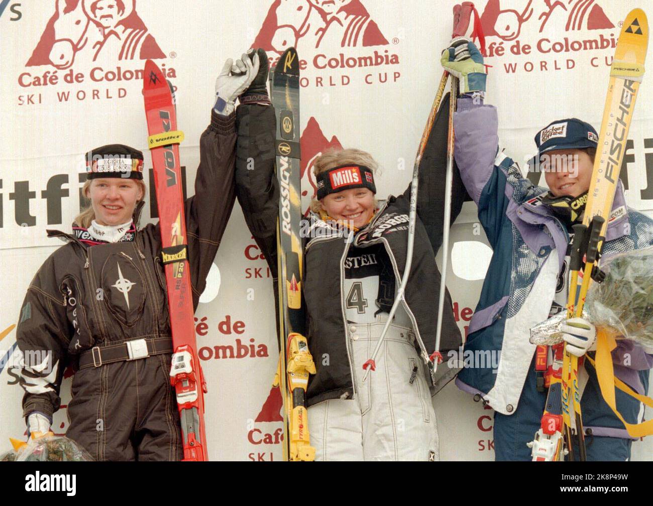 Kvitfjell. Alpine WC Final. Alpint, World Cup finish. Super g, women, victory pallet. Ingeborg Helen Marken (Middle) from Norway Won Todays Super G in the Ski World Cup in Kvitfjell, Norway, Wednesday the 7th of March 1996. Katja Seizerer (Left) from Germany Came Second. She is the overall winner of the ski world cup and the Will Also Receive the Title in the Overall Super G. Third Came Italy Isolde Kostner. - - Picture about 4 MB - - (AP -Photo: Lise Azerud) Stock Photo
