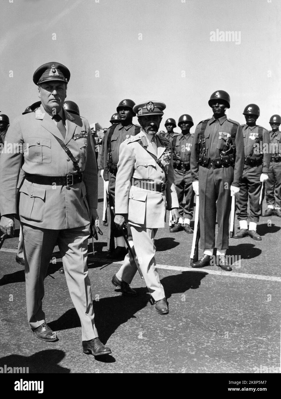 Ethiopia 1966. King Olav visits Ethiopia in January 1966. Here King Olav (TV) inspects troops with Emperor Haile Selassie. Photo: Henrik Laurvik / NTB. Stock Photo