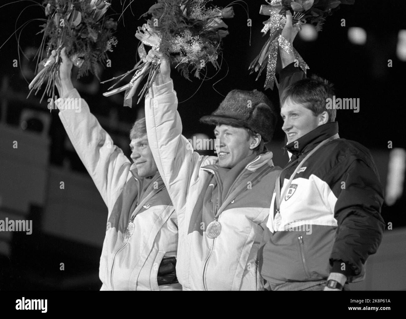 Calgary, Canada 198802: Olympic Calgary 1988. 30km cross -country skiing, men. Victory ceremony and medal distribution in Canmore. From v. First Norwegian Olympic medal at Tremila since 1972. Photo: Henrik Laurvik Stock Photo