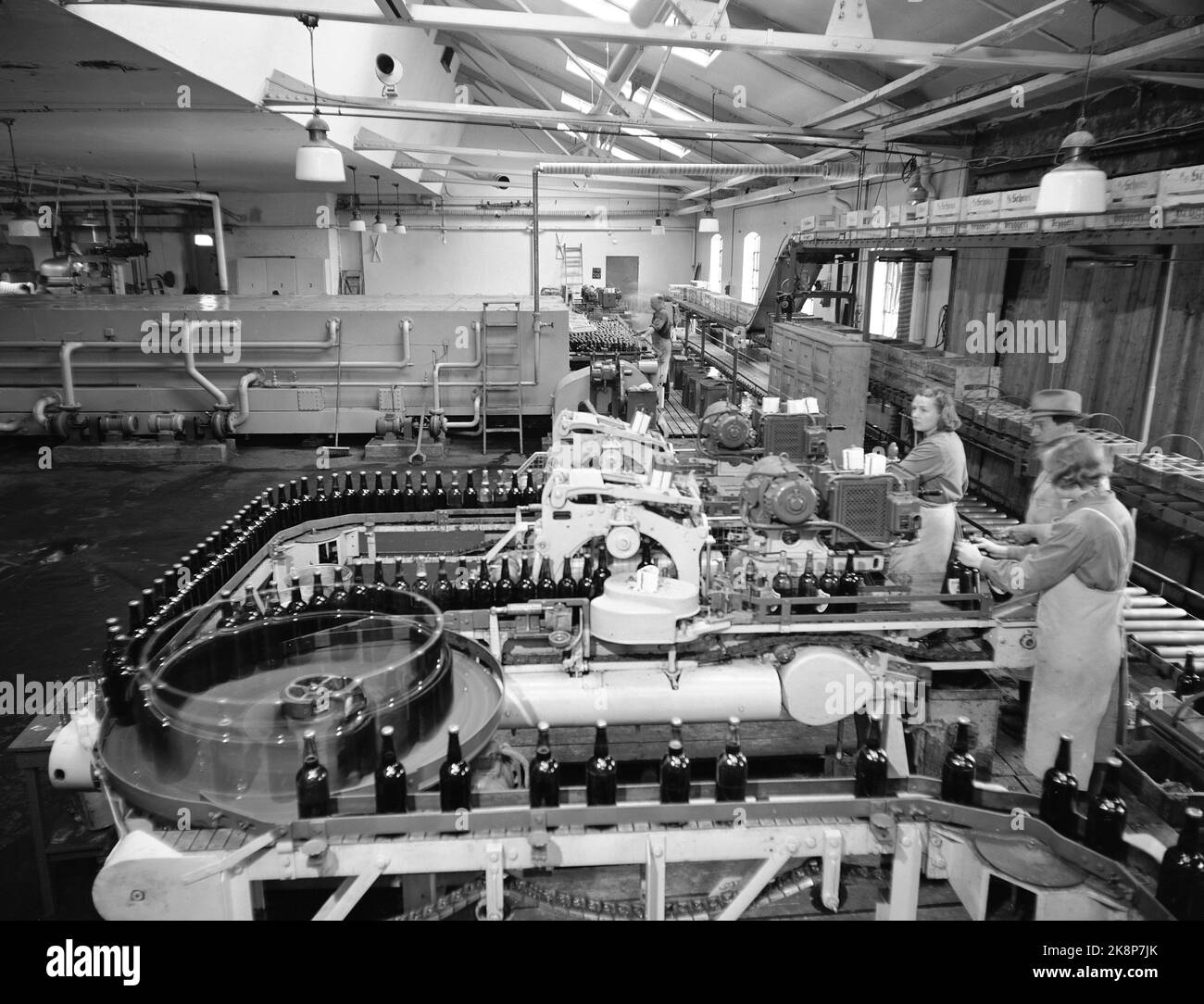Oslo 1951. Breweries in Oslo in 1951. Here from one of the work processes where labels are attached to the beer bottles. The machine is operated by ladies. Photo: Sverre A. Børretzen / Current / NTB Stock Photo