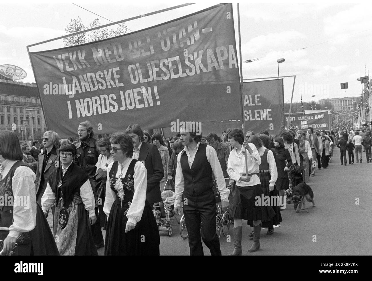Oslo 19770517 AKP-ML / Workers Communist Party-Marxist-Leninists demonstrate on National Day on May 17. Here bunad -clad protesters under the slogan 'away with the foreign oil companies in the North Sea!' Photo: Erik Thorberg / NTB / NTB Stock Photo